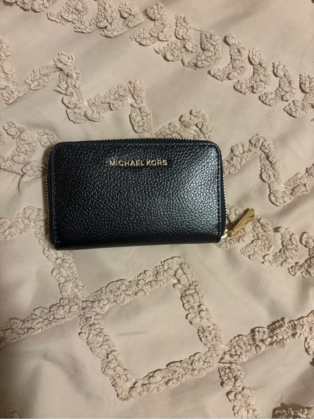 Michael Kors Black Pebbled Leather Zip Card Wallet with Gold Logo